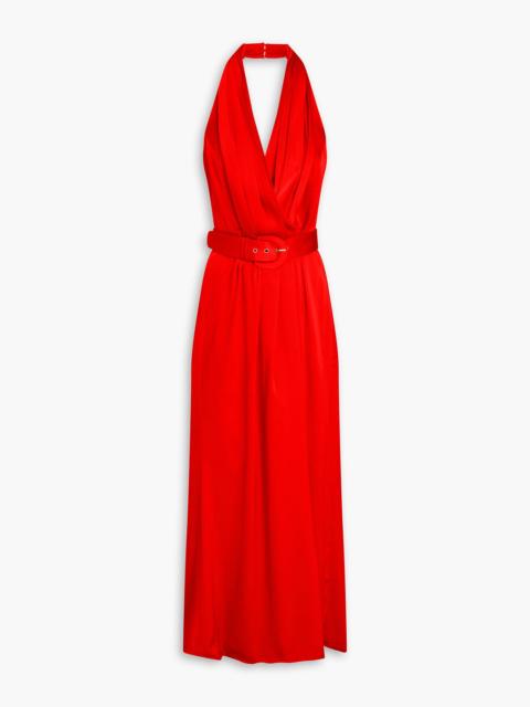 NICHOLAS Belted wrap-effect satin-crepe halterneck gown