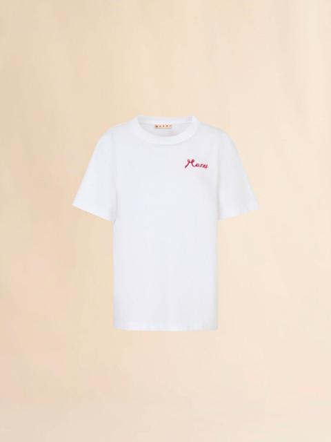 Marni WHITE COTTON T-SHIRT WITH FLOCKED MARNI LOGO
