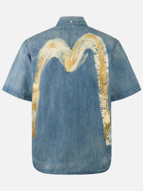 EVISU Artistic Brush Daicock Print Relax Fit Denim Short-Sleeves Shirt