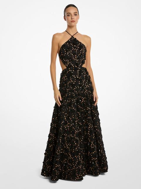 MICHAEL KORS COLLECTION Hand-Beaded Floral Cotton Eyelet Cutout Halter Gown