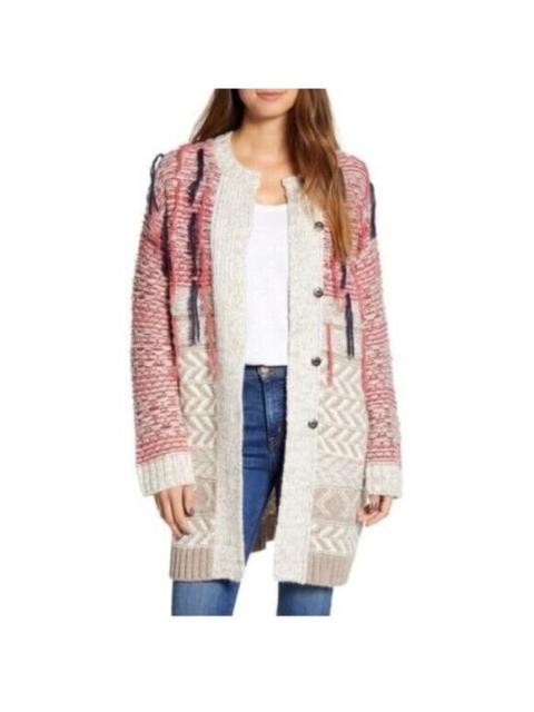 Caslon Wool Sweater Multi Jacquard Yarn Fringe Mid Length Cardigan SZ S NWT