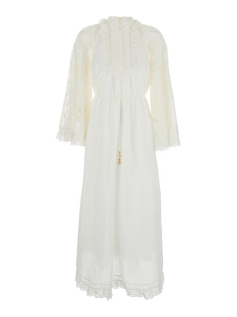 Zimmermann Women 'Ascension Lace Yoke' White Midi Dress With Lace Embellishment And Stand-Up Collar 