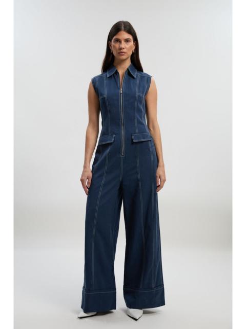 KAREN MILLEN Petite Tencel Cotton Contrast Stitch Zip Front Woven Jumpsuit