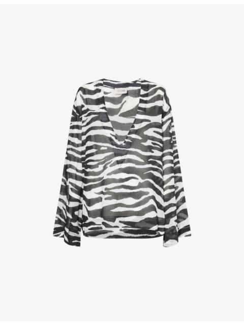 THE ATTICO Zebra Plunge-V-Neck Cotton-Poplin Blouse