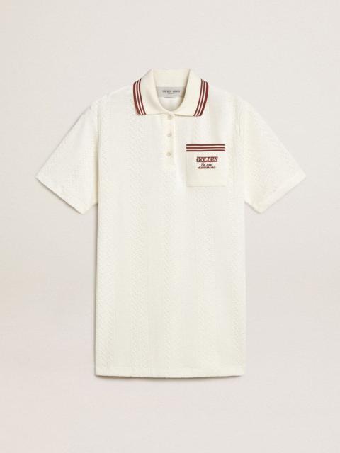 Golden Goose Women's Oasis polo dress in white perforated jersey with burgundy stripes