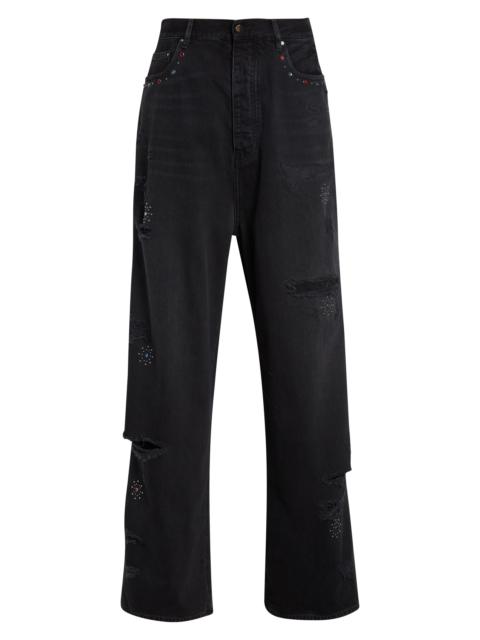 AMIRI AMIRI Bones Studded Rip & Repair Baggy Jeans in Vintage Black at Nordstrom