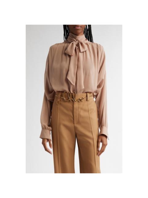 Chloé Gathered Tie Neck Long Sleeve Organic Silk Top in Dusty Beige at Nordstrom