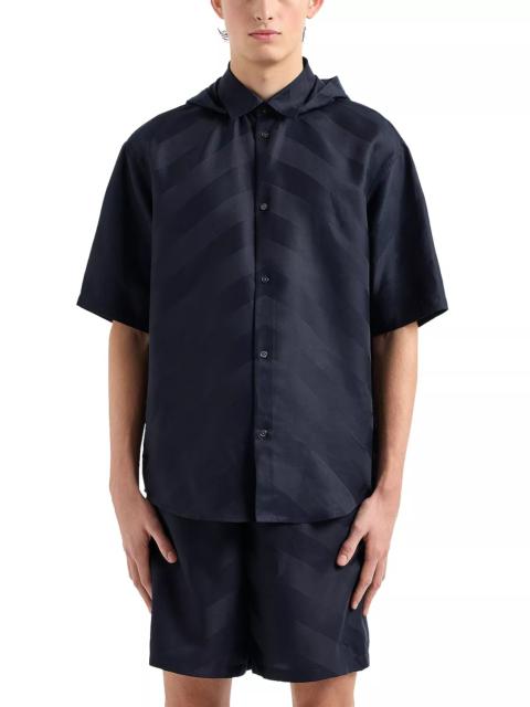 Chevron Patterned Hooded Short Sleeve Button Down Shirt