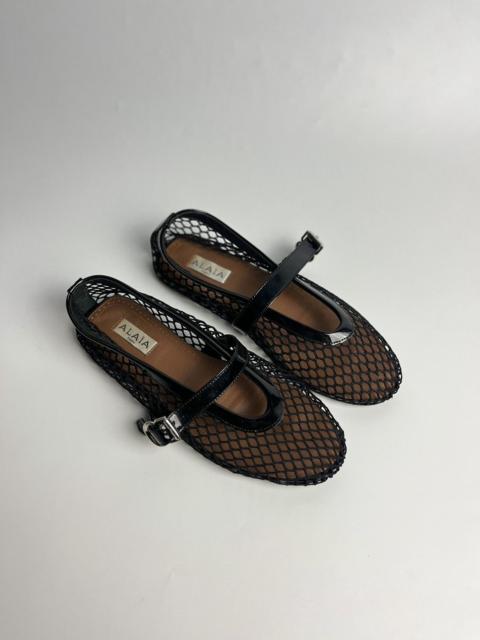 Alaïa Alaia Fishnet Mesh Mary Jane Ballet Flats Black Patent Trim