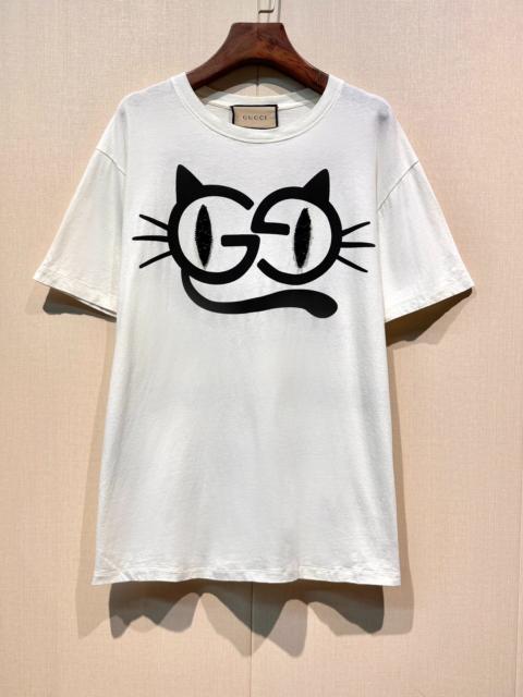 GUCCI Gucci White Sequined Cat Eye Print Knit Crew Neck Short Sleeve T-Shirt