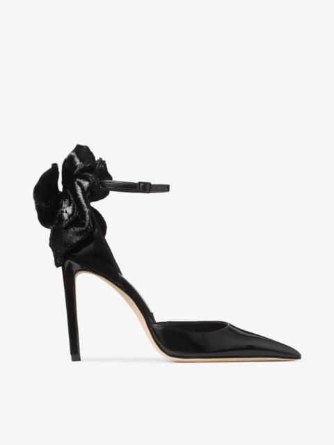 JIMMY CHOO Marja 100
Black Soft Spazzolato Pumps with Short Tinsel Corsage