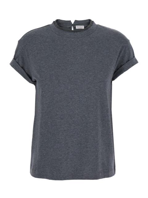 Brunello Cucinelli Women Grey Crewneck T-Shirt With Monil Detail On The Collar And Rear Cut-Out In C