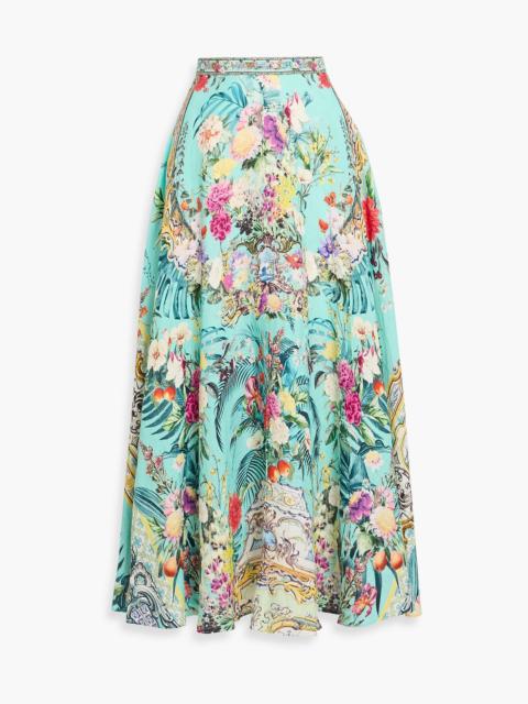CAMILLA Crystal-embellished printed linen maxi skirt