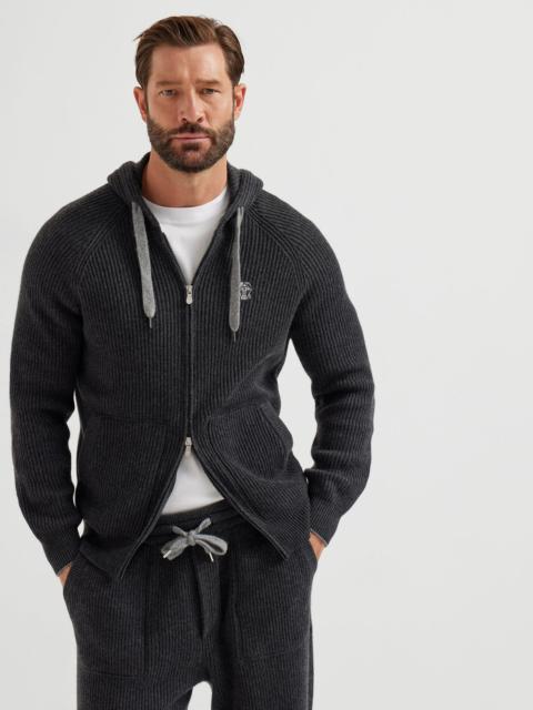 Brunello Cucinelli Cashmere English rib knit hooded sweatshirt with logo and zipper