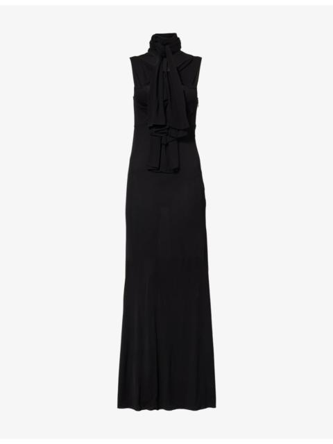 Alaïa High-Neck Bow Woven Maxi Dress