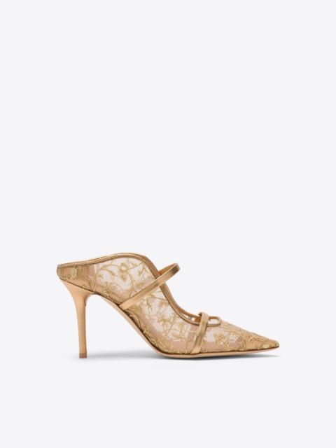 MALONE SOULIERS Maureen 85 Gold Embroidered Mesh Heeled Mules