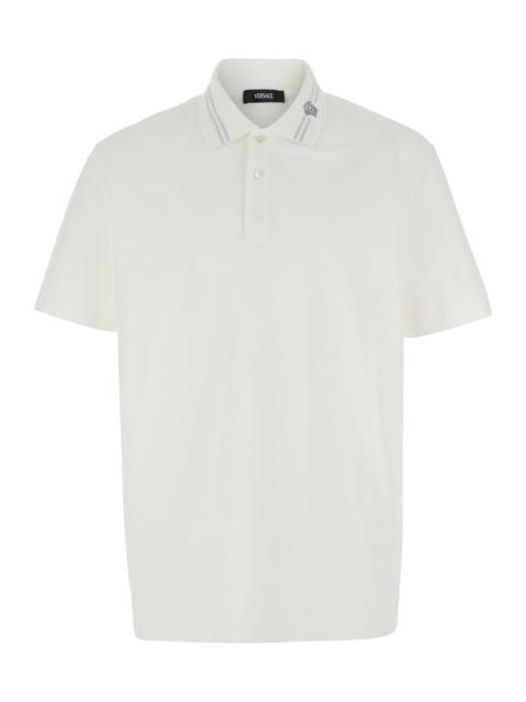 Versace Men White Polo Shirt With Medusa Detail On The Collar In Cotton Man