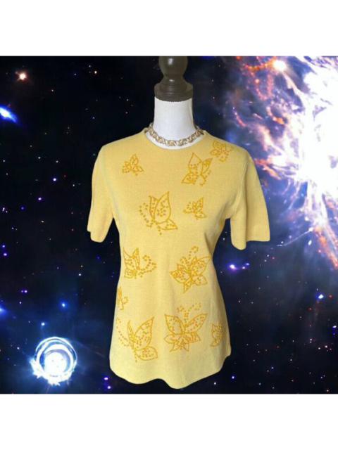 60s Vintage Yellow Beaded Flowers Knit Top Fine Knits By Roger