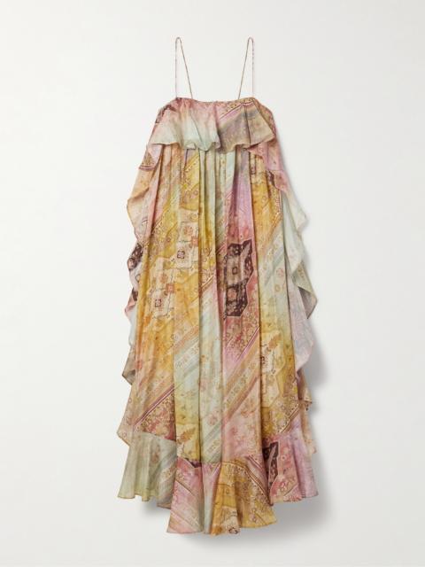 Zimmermann Tallow Ruffled Printed Silk Maxi Dress