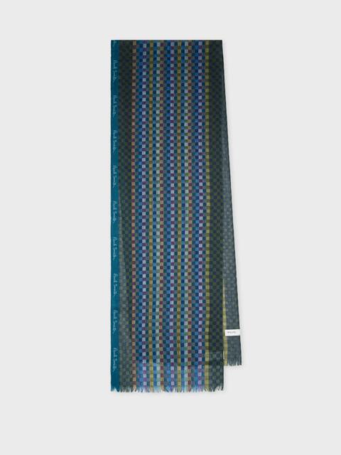 Paul Smith Teal Blue Check Merino Wool-Silk Blend Scarf