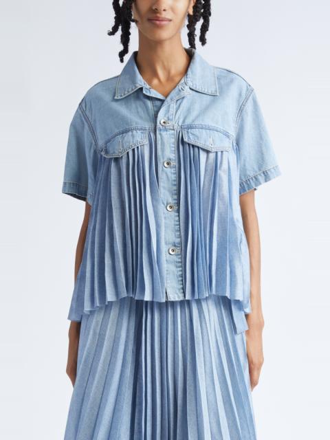 sacai Sacai Mixed Media Short Sleeve Shirt in Light Blue at Nordstrom