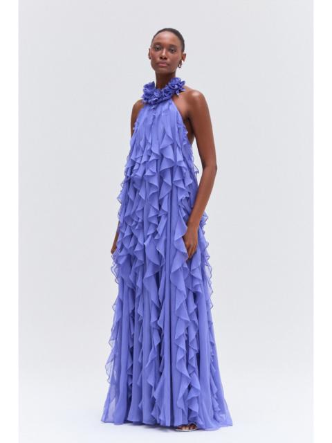 PatBO SILK PLISSE LONG DRESS HALTERNECK FLORAL COLLAR