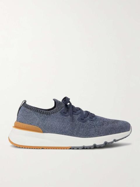 Leather-Trimmed Stretch-Knit Sneakers