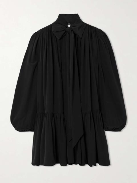 Pussy-bow gathered silk crepe de chine mini dress Black
