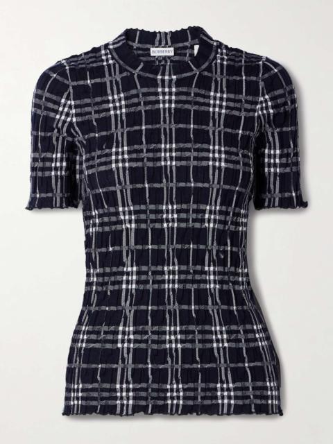 Ribbed checked wool-blend T-shirt Navy