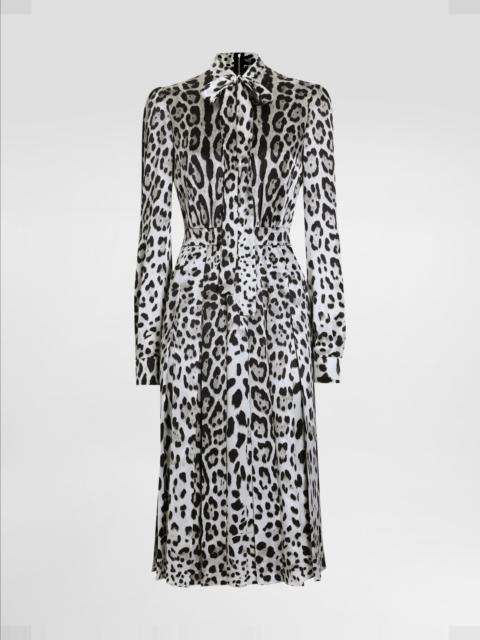 Dolce & Gabbana Satin calf-length shirt dress with pussy-bow and leopard print