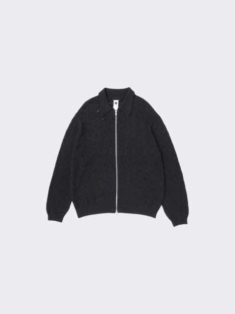 vowels Eyelet Knitted Zip-up Sweater Black
