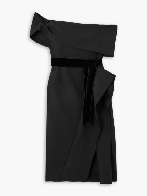 Oscar de la Renta Off-the-shoulder belted velvet-trimmed grain de poudre wool-blend midi dress