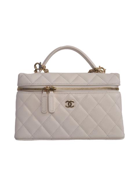 CHANEL Chanel CC Quilted Caviar  Top Handle Long Chain Vanity Case L19 Gold Hardware White