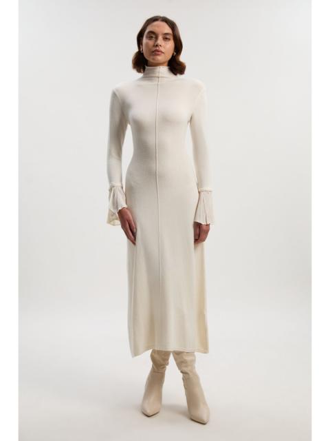 KAREN MILLEN Petite Wool And Alpaca Blend Knit Pleated Silk Woven Cuffs Midi Dress