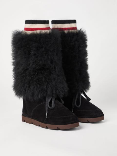 Brunello Cucinelli Suede and cashmere knit mountain boots with shearling inserts