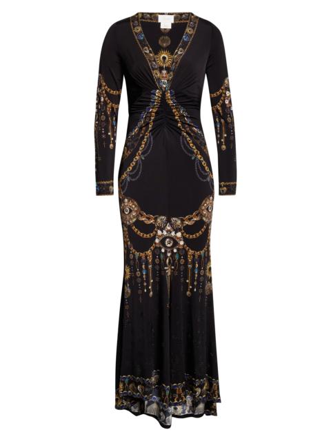 CAMILLA Camilla Amulets & Alchemy Print Gathered Long Sleeve Jersey Dress with Train in Amulets And Alchemy 