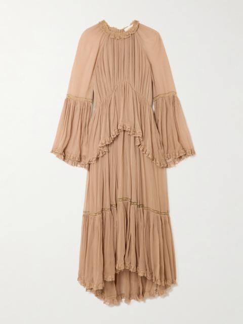 Zimmermann Hypnotic Lace-trimmed Tiered Crepe De Chine Midi Dress