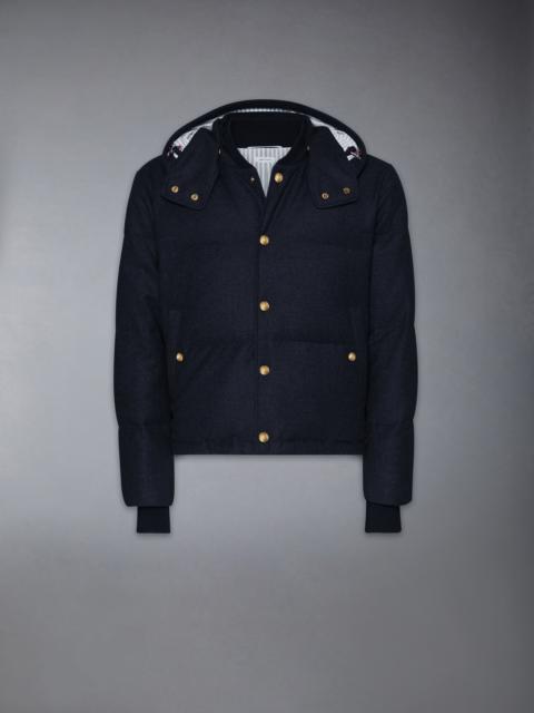 Thom Browne DOWNFILL SNAP FRONT DETACHABLE HOOD BOMBER W/ TONAL GROSGRAIN IN WOOL FLANNEL
