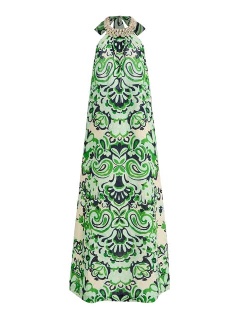 Cara Cara Aimee Seashell-Detailed Printed-Linen Maxi Dress green