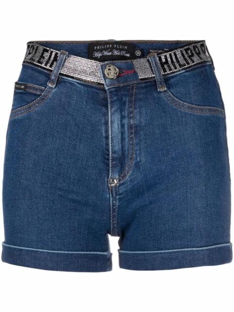PHILIPP PLEIN rhinestone logo waistband denim shorts