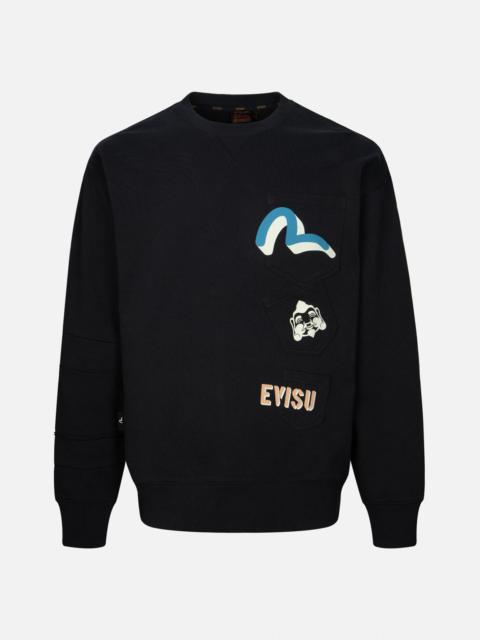 EVISU SEAGULL AND GODHEAD PRINT POCKET LOOSE FIT SWEATSHIRT