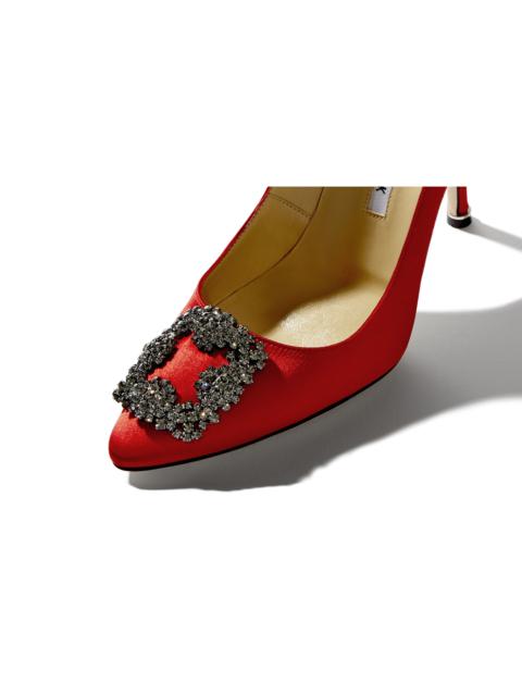 Manolo Blahnik Red Satin Jewel Buckle Pumps