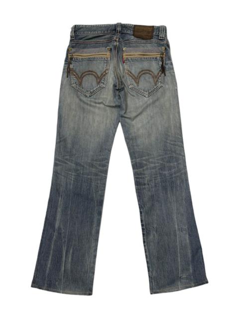 Other Designers EDWIN FLARE JEANS BLUE TRIP DISTRESS DENIM BOOTCUT