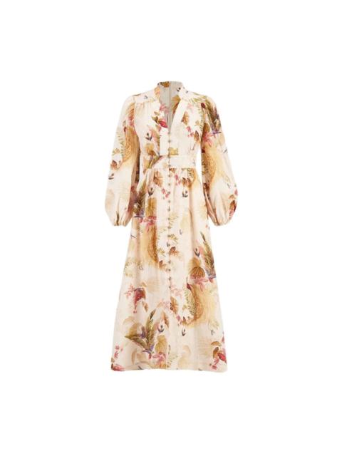 MULTICOLOUR BALLOON SLEEVE V-NECK DRESS