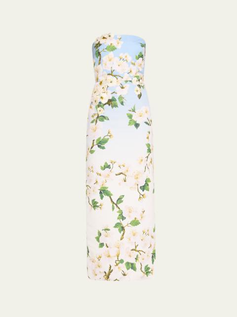 Strapless Cherry Blossom Ombre Embroidered Gown