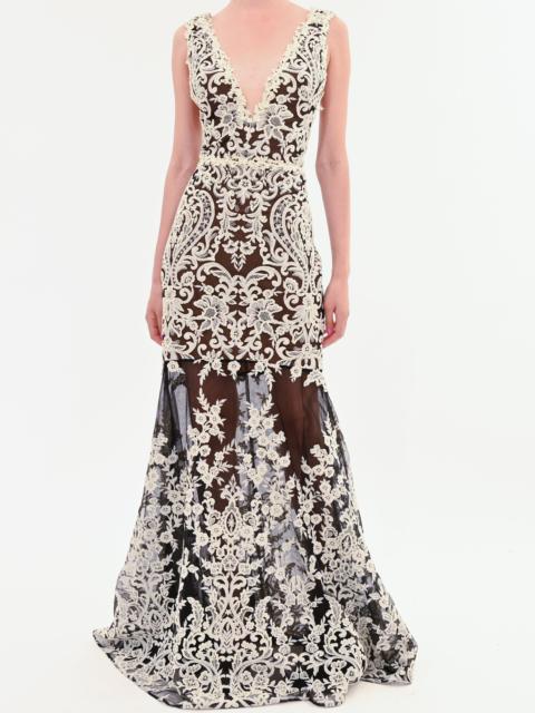 Marchesa MIRRORED FLORAL SLEEVELESS GOWN