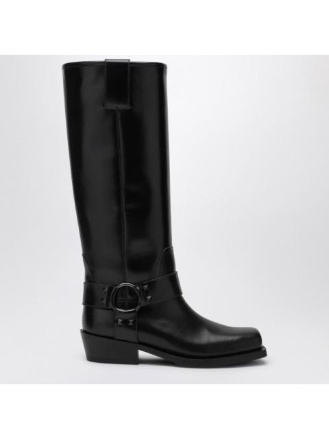 Valentino Garavani Black Leather Biker Rockstud High Boot Women