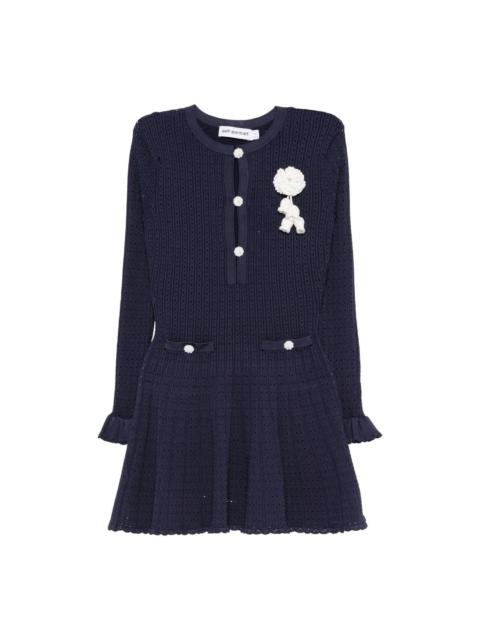 self-portrait Navy Pointelle Knit Crochet Flower Mini Dress