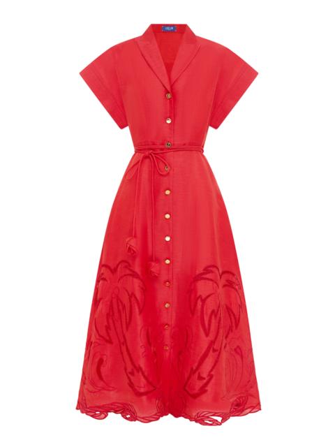LEO LIN Aubrey Appliquéd Linen-Blend Shirt Midi Dress red