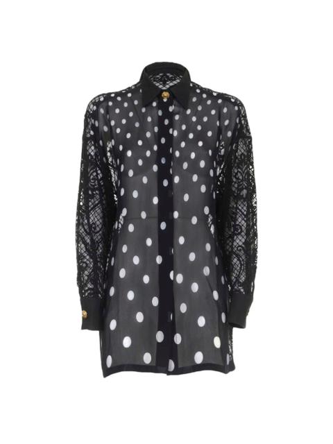 VERSACE Vintage Gianni Versace Couture Sheer Polka Dot Button-Down Tunic with Burnout Lace Back and Sleeves